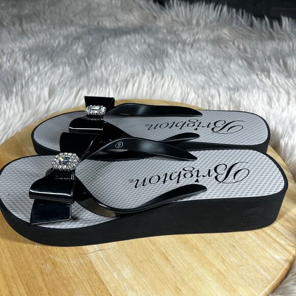 Brighton Bowie Wedge Flip Flops Womens Size 9 Black Bow with Bling Dressy Glam - Picture 6 of 14